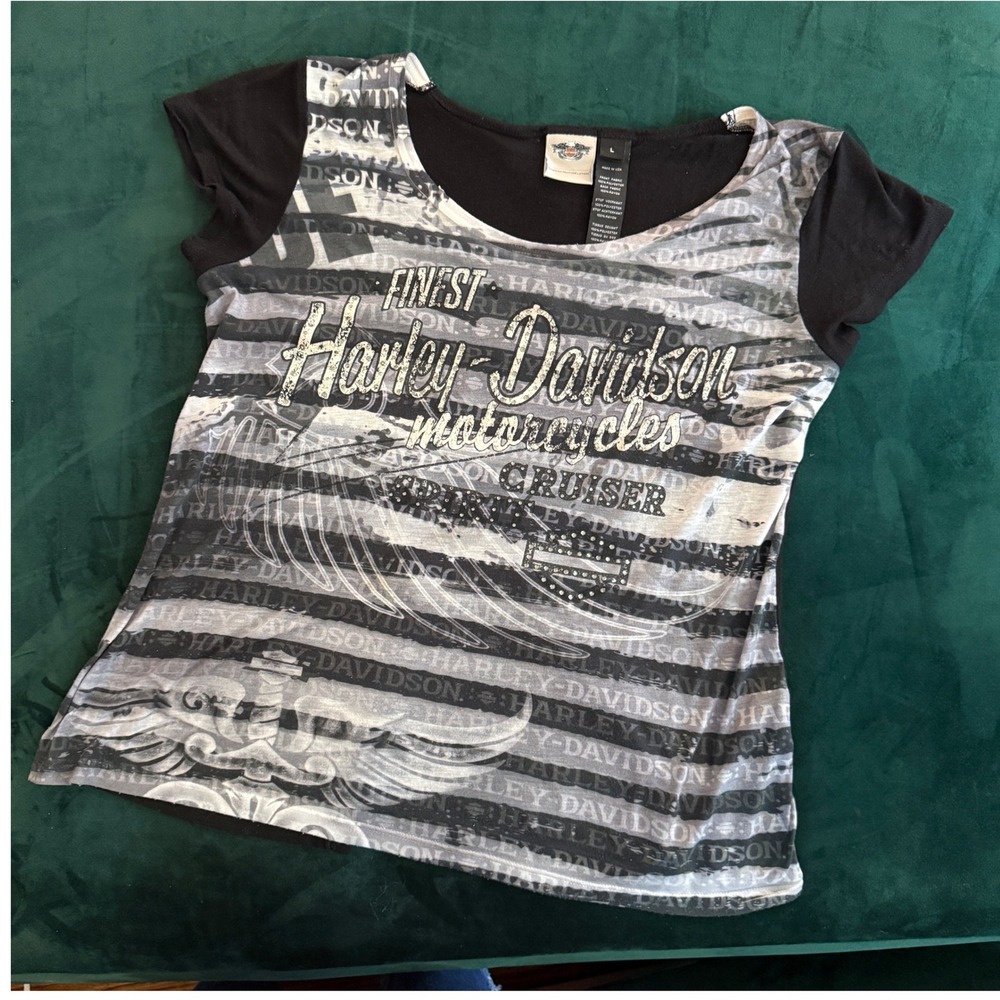 Harley Davidson Womens L Rhinestone Striped Split Back Short Sleeve Top Black